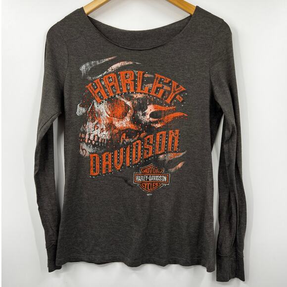 Harley Davison Shirt Womens Lightweight Graphic Tee Moto Long Sleeve Gray Size M - Picture 1 of 6